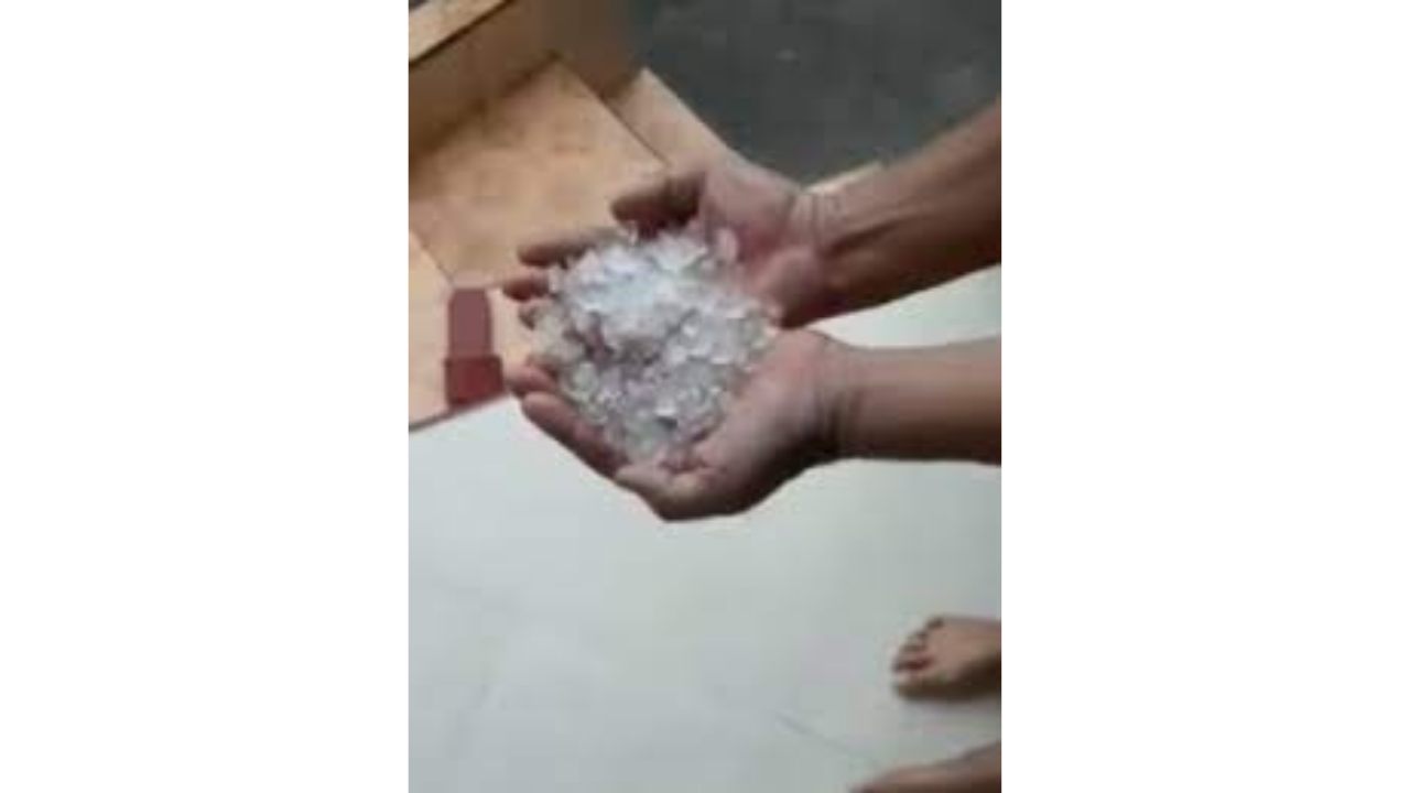 Butiran batu es yang dikumpulkan warga saat terjadi hujan deras di Kecamatan Kwanyar, Kabupaten Bangkalan, Jawa Timur, Selasa 27 Desember 2021. (Foto: Instagram @infobmkgjuanda)