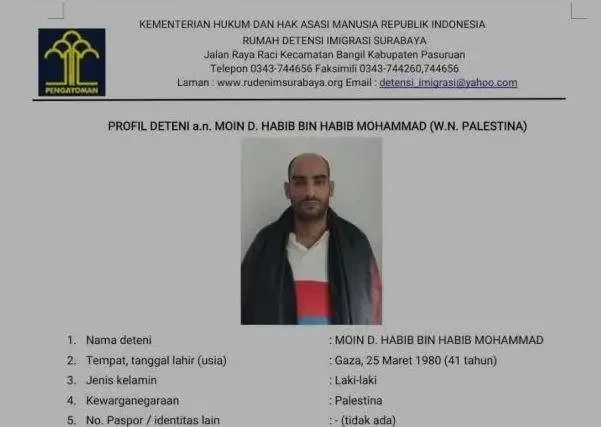 Data imigran Palestina MHD yang kabur dari Rudenim Pasuruan. (Foto: Istimewa)