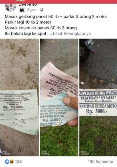Pungli yang dikeluhkan netizen saat berkunjung ke kolam air panas Pacet, Mojokerto, Jawa Timur. (Foto: Facebook @Dwi Anto)