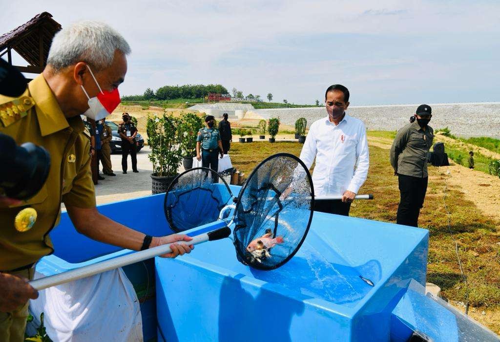 Gubernur Ganjar saat mendampingi Presiden Jokowi menabur benih ikan di Bendungan Randugunting. (Foto: Dok Jateng)