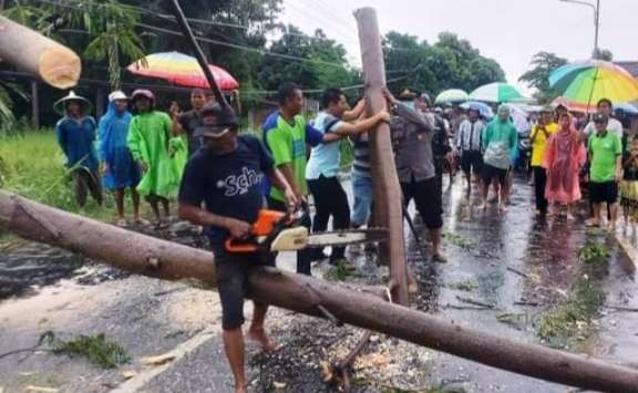 Anggota Polsek Suboh Polres Situbondo memotong batang pohon besar yang menimpa mobil ditumpangi anggota TNI asal Bondowoso hingga meninggal.(foto: polsek suboh)