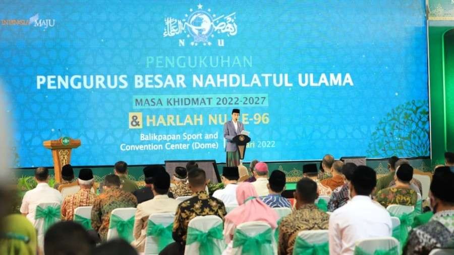 Presiden Joko Widodo menyampaikan sambutan di Pengukuhan PBNU di Kota Balikpapan, Kalimantan Timur. (Foto: Kemenag)
