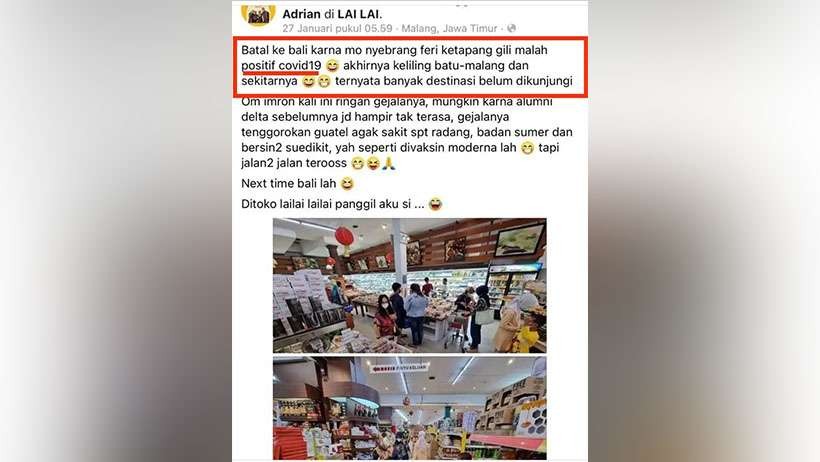 Postingan pasutri asal Kalimantan yang nekat jalan-jalan ke Malang meski divonis Covid-19. (Foto: Tangkapan layar)