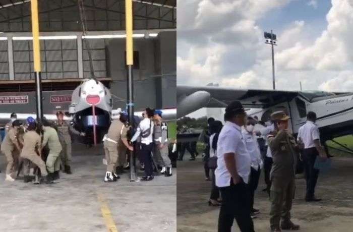 Bek gladiator puluhan anggota Satpol PP mengeluarkan tiga pesawat perintis Susi Air dari hanggar di Bandar Udara Robert Atty Bessing di Malinau, Kalimantan Utara, pada 2 Februari 2022. (Foto: Twitter)