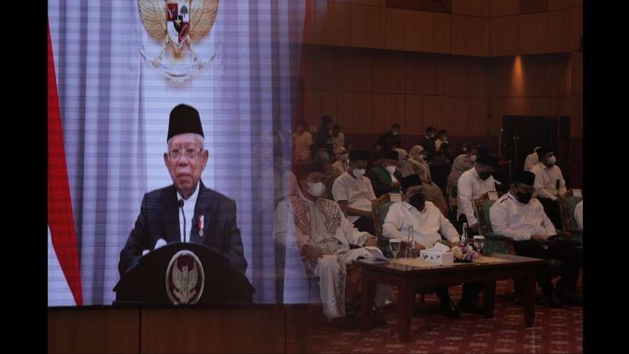 Wapres KH Ma'ruf Amin menyampaikan sambutan dalam Peringatan Isra Mikraj 1443 H Tingkat Kenegaraan, Senin 28 Februari 2022. (Foto: Kemenag)
