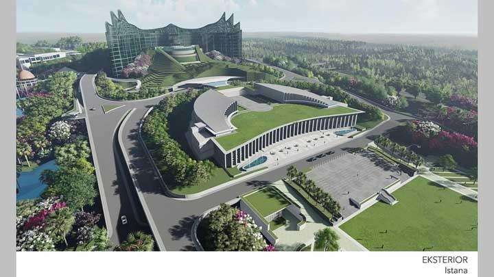 Desain komputerisasi Istana Kepresidenan Indonesia di lokasi ibu kota baru, Kalimantan Timur. Desain Istana Kepresidenan untuk ibu kota negara baru tersebut telah disetujui oleh Presiden Joko Widodo. (Instagram/nyoman_nuarta)