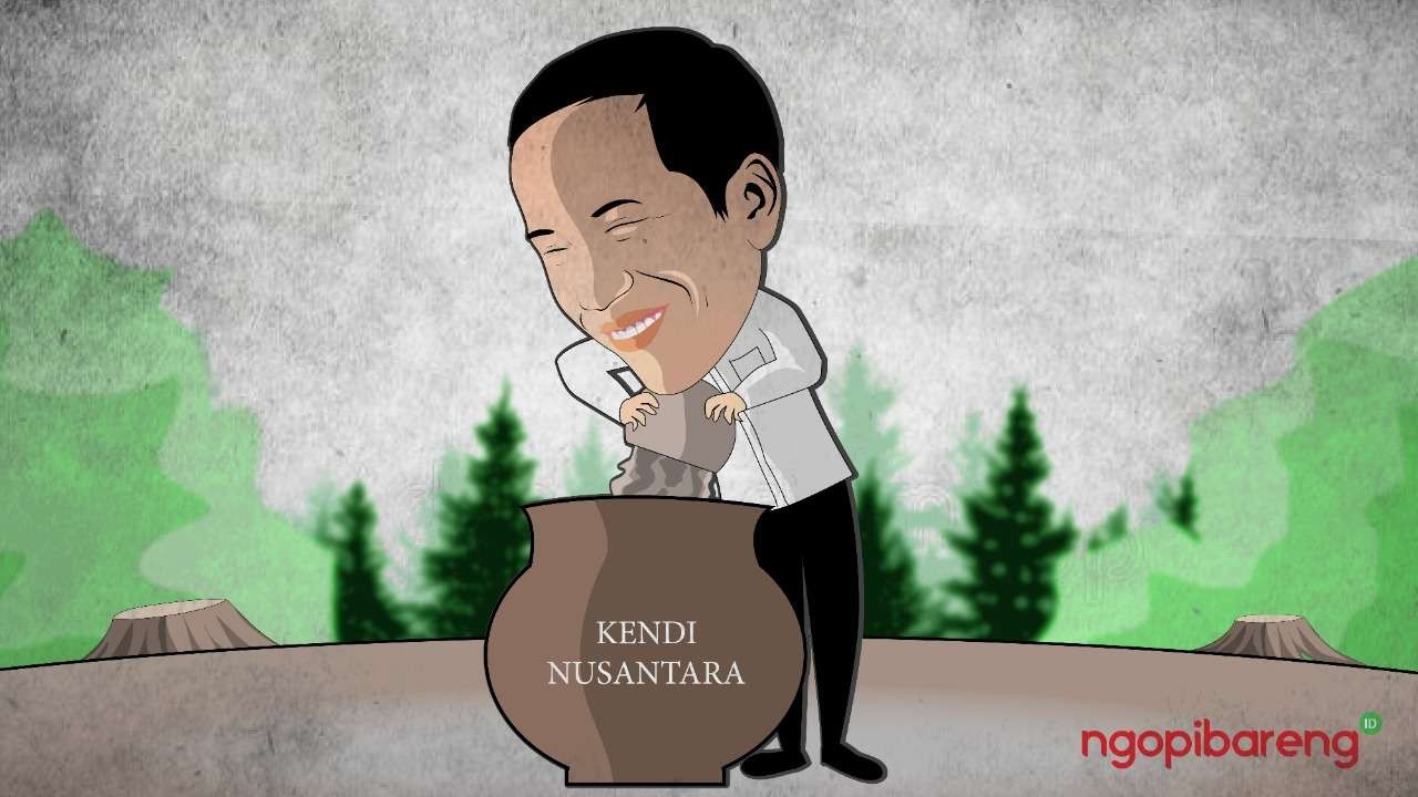 Ilustrasi Presiden Jokowi menyatukan tanah dan air dari 34 provinsi di dalam kendi Nusantara, simbolis penyatuan pembangunan Ibu Kota Negara Baru atau IKN Nusantara. (Grafis: Fa Vidhi/Ngopibareng.id)