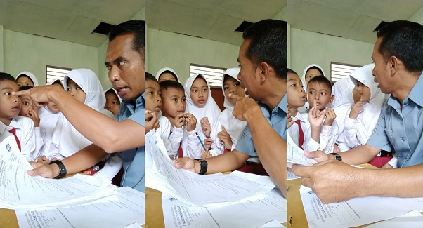 Pak Ribut viral karena videonya bersama murid-murid kelas 2 SD, membahas tentang kaum sodom. Materi itu ada di ujian PTS agama Islam. (Foto: Istimewa)