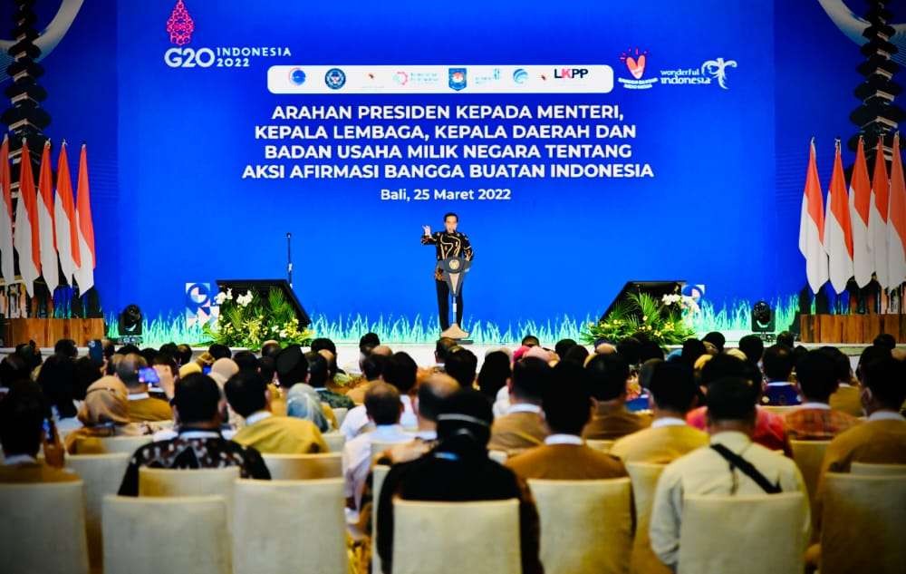 Arahan Presiden Jokowi saat Aksi Afirmasi Bangga Buatan Indonesia (BBI) di Nusa Dua, Badung, Bali, Jumat 25 Maret 2022. (Foto: Istimewa)