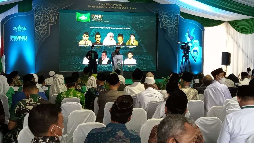 Ketua PWNU Jawa Timur, KH Marzuki Mustamar ketika memberikan sambutan dalam pembukaan Musyawarah Alim Ulama di Tuban, Jawa Timur. (Foto: Khoirul Huda/Ngopibareng.id)