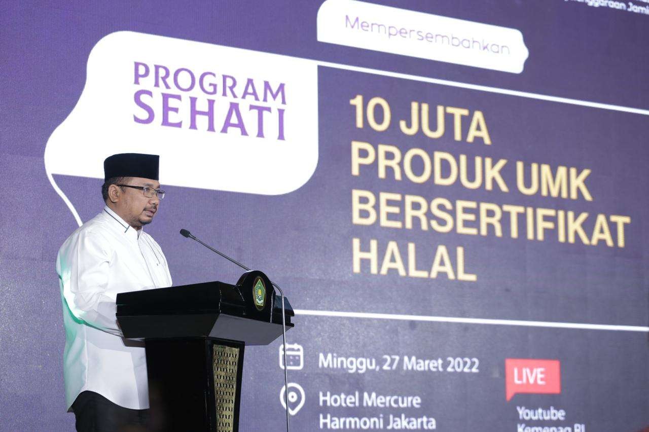 Menteri Agama (Menag) Yaqut Cholil Qoumas melaunching Program 10 Juta Produk Bersertifikat Halal pada Tahun 2022. (Foto: Kemenag)