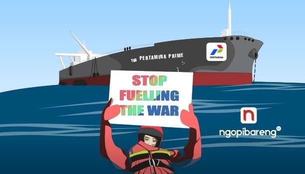 Ilustrasi kapal PT Pertamina dicegat aktivis Greenpeace. (Grafis: Fa Vidhi/Ngopibareng.id)