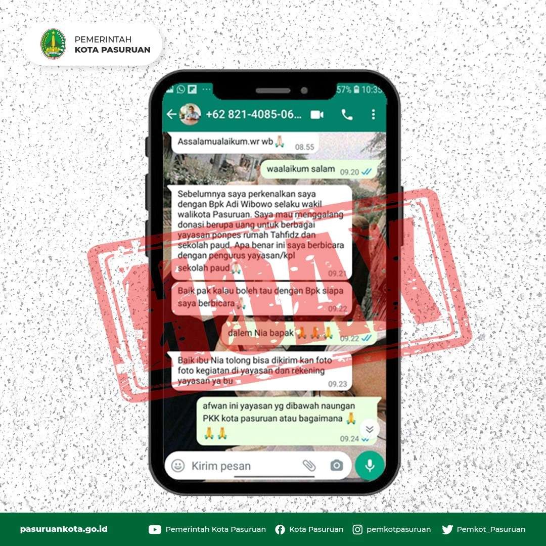 Tangkapan layar pesan whatsapp penipuan mengatasnamakan Wawali Pasuruan (istimewa)