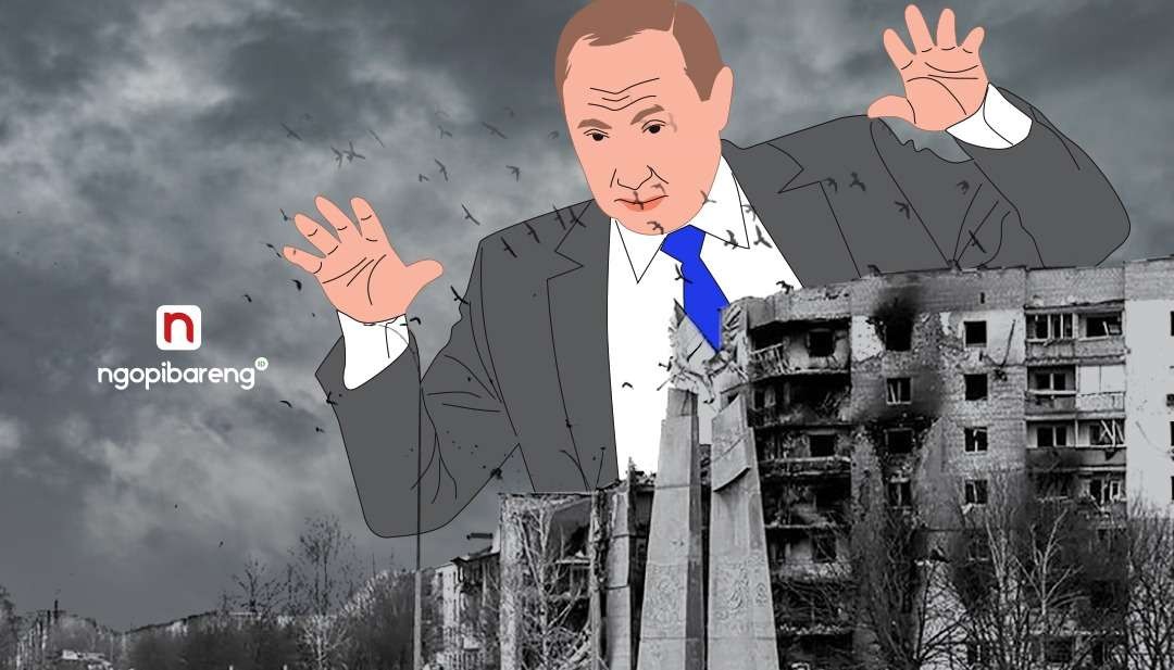 Ilustrasi Presiden Rusia Vladimir Putin dan kerusakan di Ukraina akibat serangan Rusia. (Grafis: Fa Vidhi/Ngopibareng.id)