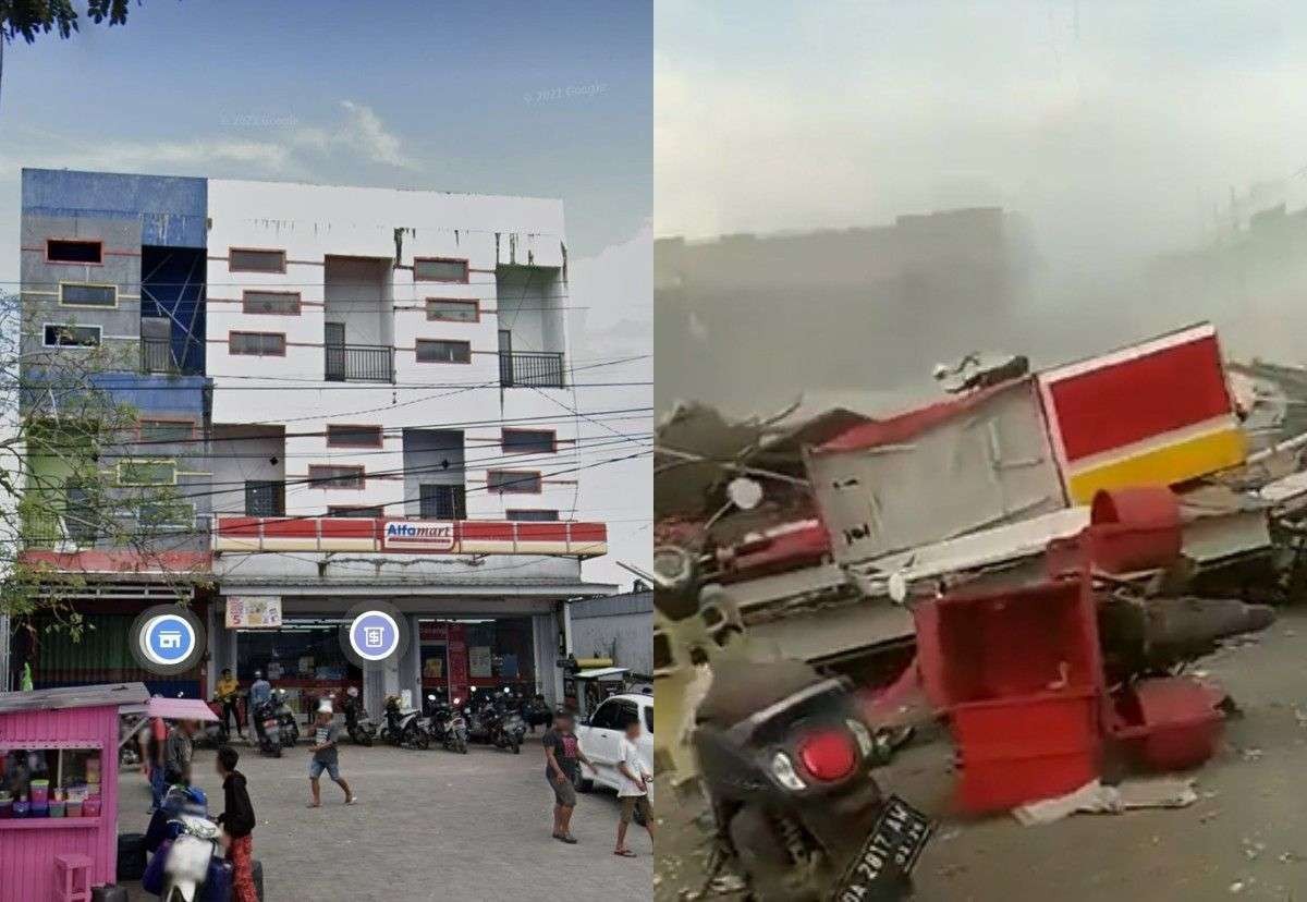 Bangunan Alfamart sebelum ambruk (kiri), dan penampakan setelah ambruk viral di media sosial. (Foto: Instagram)