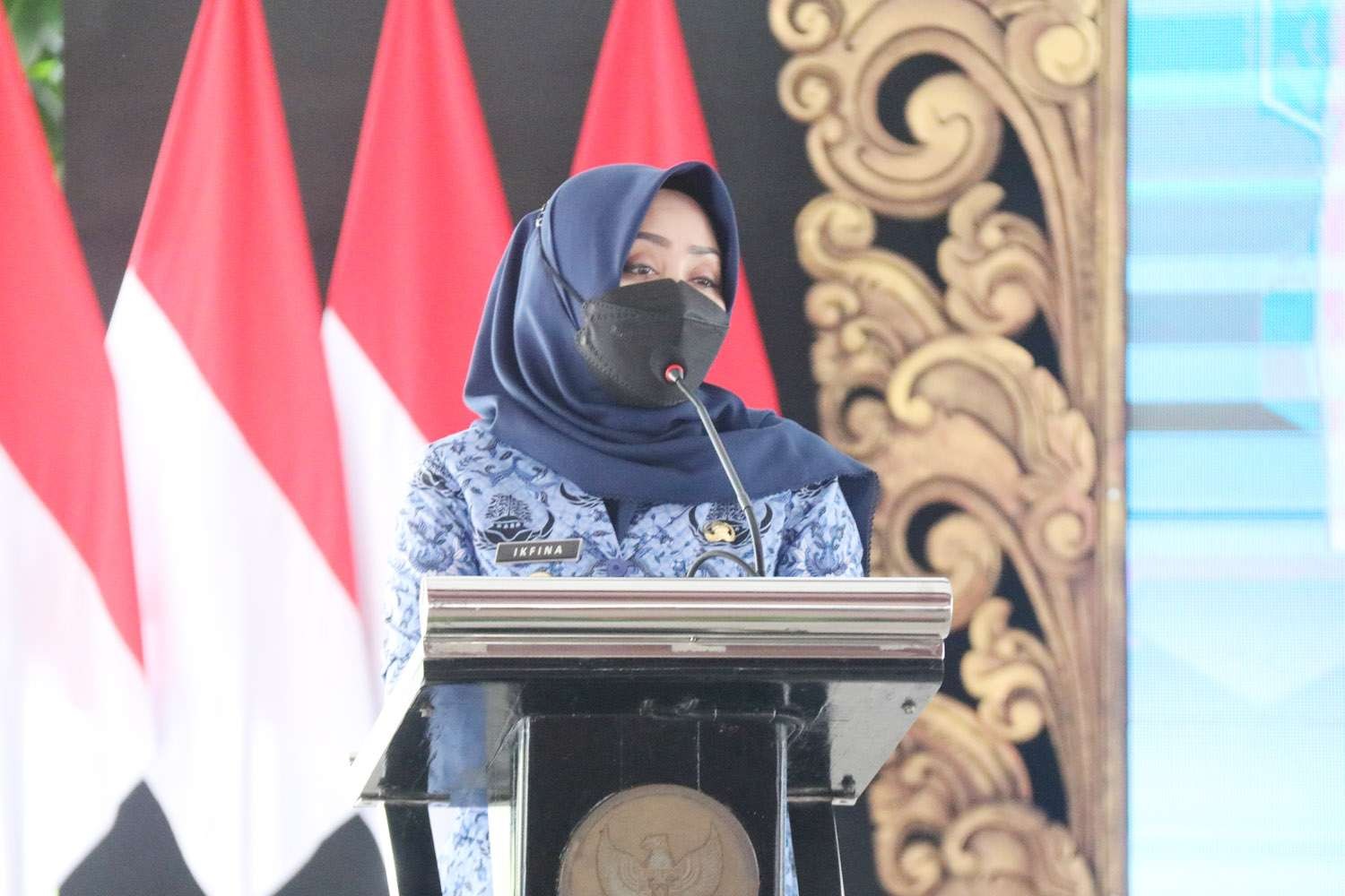 Bupati Mojokerto Ikfina Fahmawati saat memberikan sambutan dalam musrenbang tematik, 18 April 2022. (Foto: Diskominfo Mojokerto)