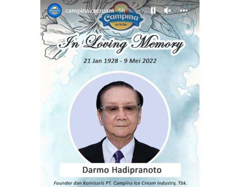 In memoriam Pendiri sekaligus komisaris PT Campina Ice Cream Industry, Darmo Hadipranoto. (Foto: Instagram)
