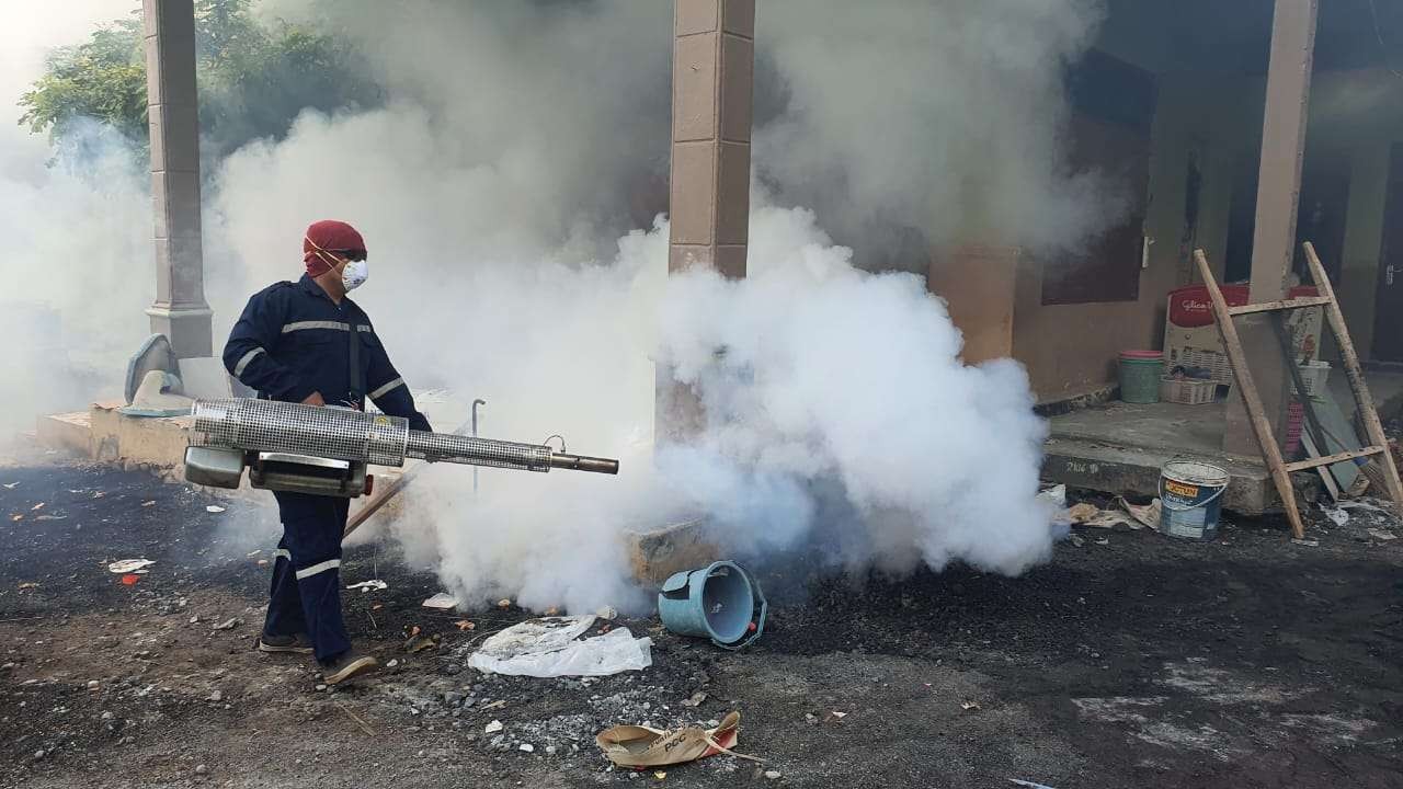 Petugas dari Dinkes P2KB Kota Probolinggo melakukan pengasapan (fogging) untuk memberantas nyamuk Aedes aegypti penyebab DBD. (Foto: Ikhsan Mahmudi/Ngopibareng.id)