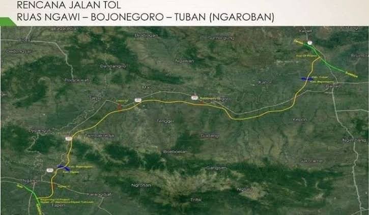 Peta proyek jalan tol Ngawi-Bojonegoro-Tuban (Ngaroban).(Foto: dok. Ngopibareng.id)