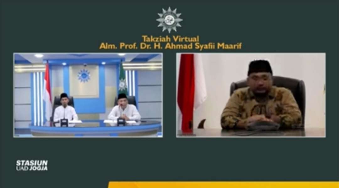 Menag Yaqut Cholil Qoumas hadiri takziah virtual Alm. Prof. DR. H. Ahmad Syafii Maarif, Jumat 27 Mei 2022 malam. (Foto: Kemenag)