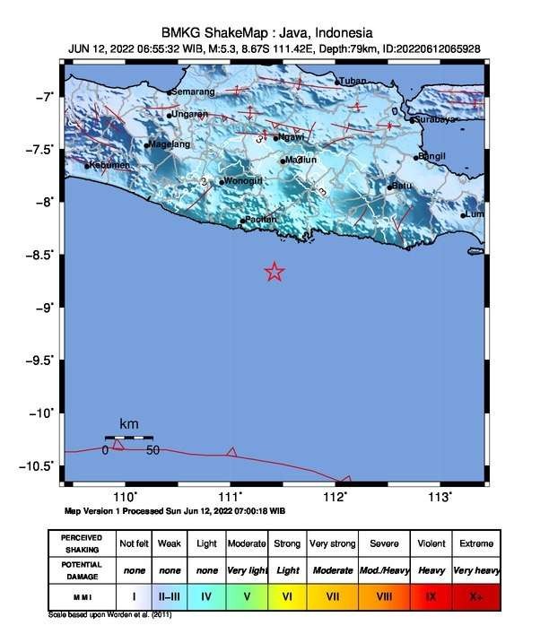 Titik gempa 5,3 SR di Pacitan, Jawa Timur. (Foto: BMKG)