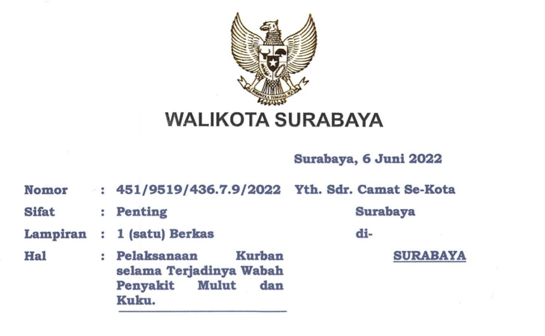 SE Walikota Surabaya tentang pelaksanaan kurban di Surabaya. (Foto: Istimewa)