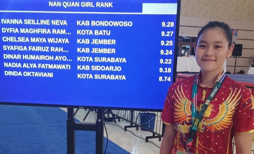 Atlet wushu putri Bondowoso, Ivanna Seiline Neva menjadi kampiun nomor Nan Quan Putri Porprov Jatim VII 2022. (Foto: Guido Saphan/Ngopibareng.id)