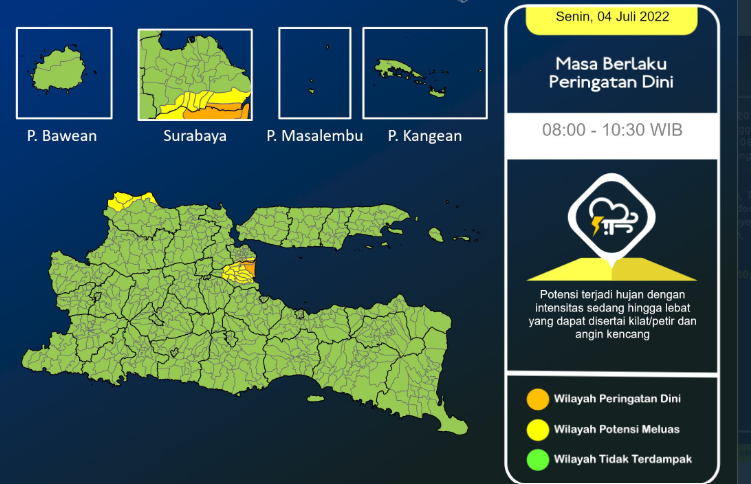Badan Meteorologi, Klimatologi, dan Geofisika (BMKG) Juanda mengeluarkan peringatan dini untuk wilayah Surabaya dan sekitarnya, Senin 4 Juli 2022. (Foto: BMKG Juanda)