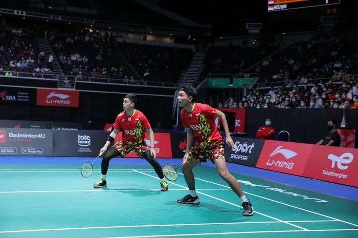 Pasangan Fajar/Rian melaju ke final SIngapura Open 2022 usai kalahkan Sabar/Reza. (Foto: PBSI)