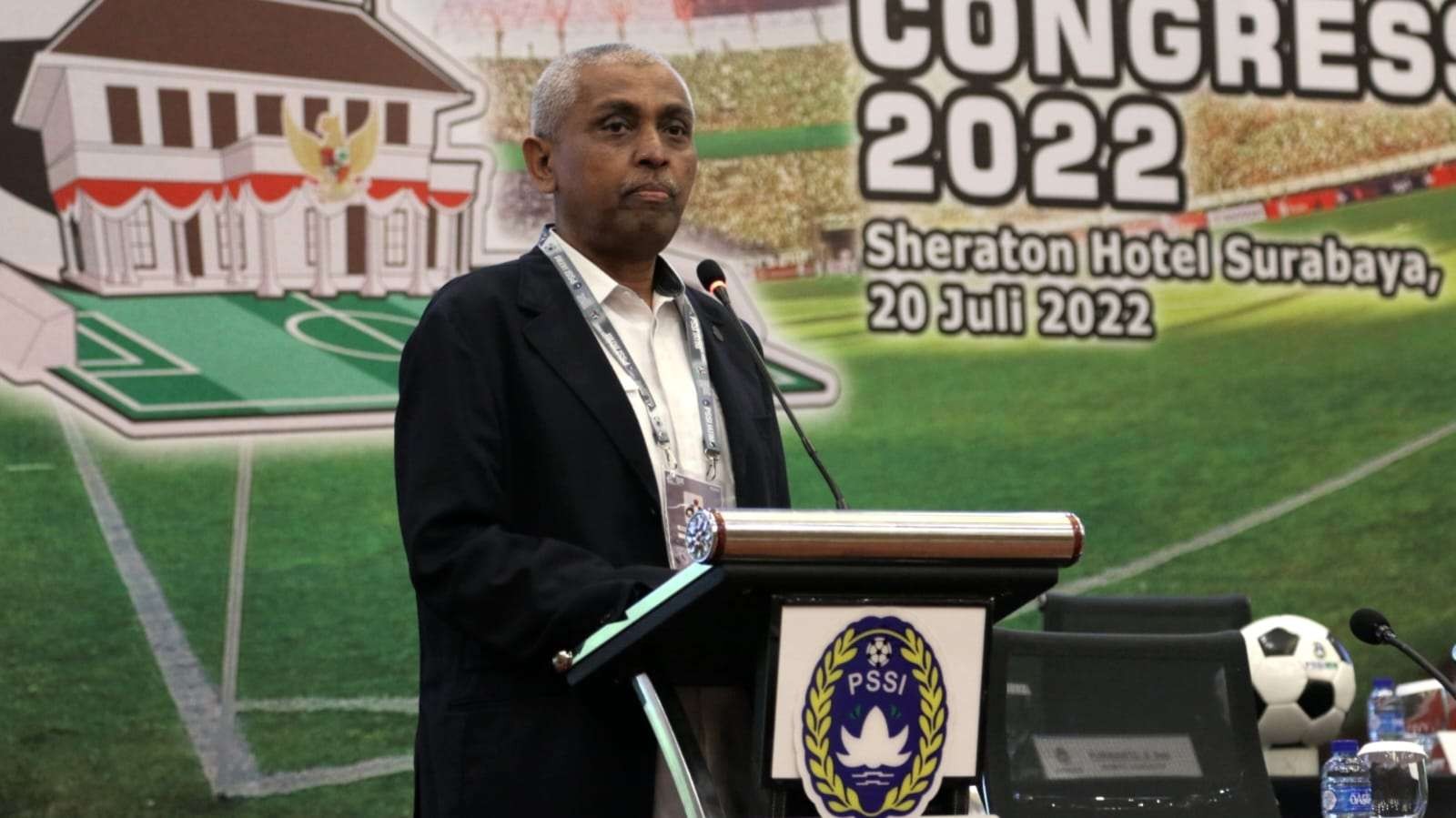 Ketua PSSI Jatim, Ahmad Riyadh UB, dalam Kongres Tahunan PSSI Jatim di Hotel Sheraton, Surabaya, Rabu 20 Juli 2022. (Foto: Fariz Yarbo/Ngopibareng.id)