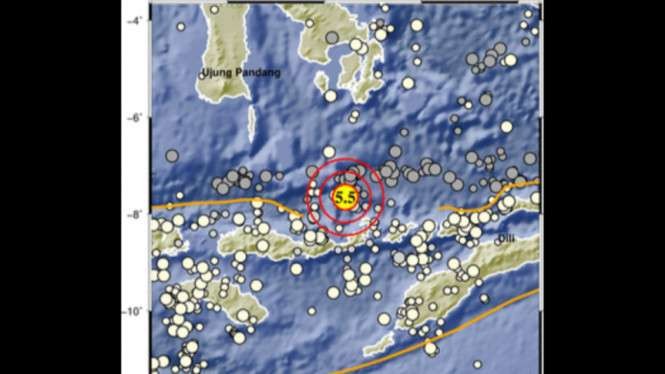 Episentrum gempa bumi magnitudo 5,4 di Perairan Flores, NTT. (Foto: BMKG)