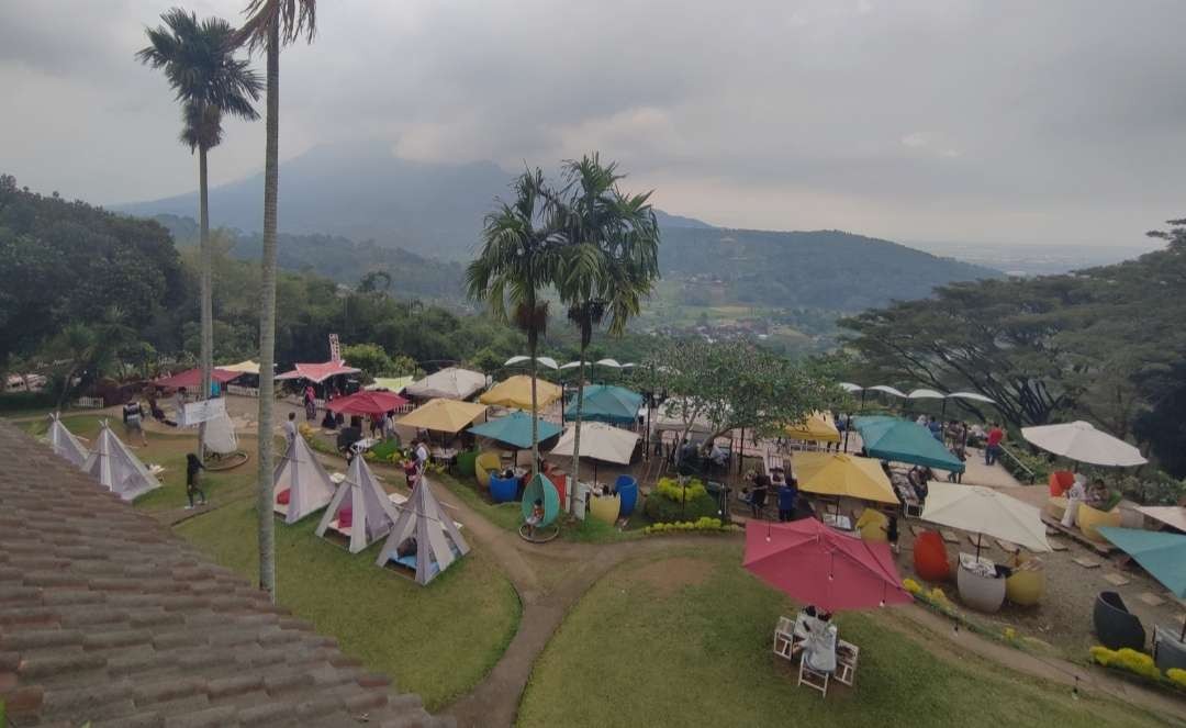 Jungle Cafe di Trawas Mojokerto, bisa ngobrol santai bersama teman atau keluarga sambil menikmati panorama Gunung Penanggungan.(Foto: Deni Lukmantara/Ngopibareng.id)