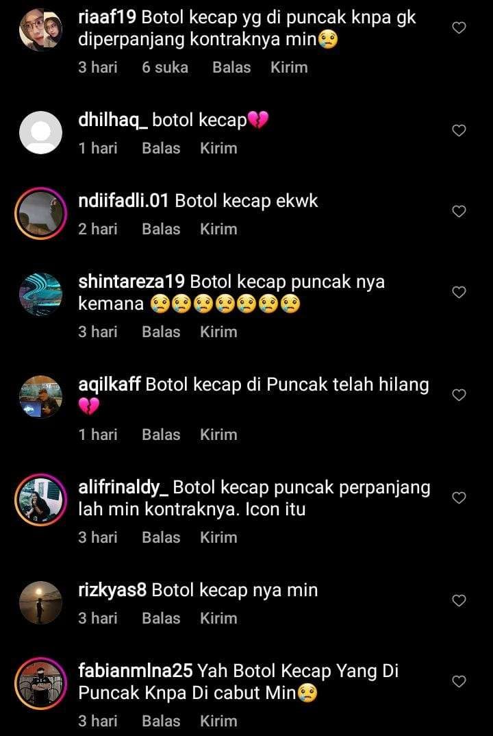 Ilustrasi komentar beberapa netizen yang menyayangkan dibongkarnya botol kecap raksasa yang menjadi ikon di Puncak (Foto: Istimewa)