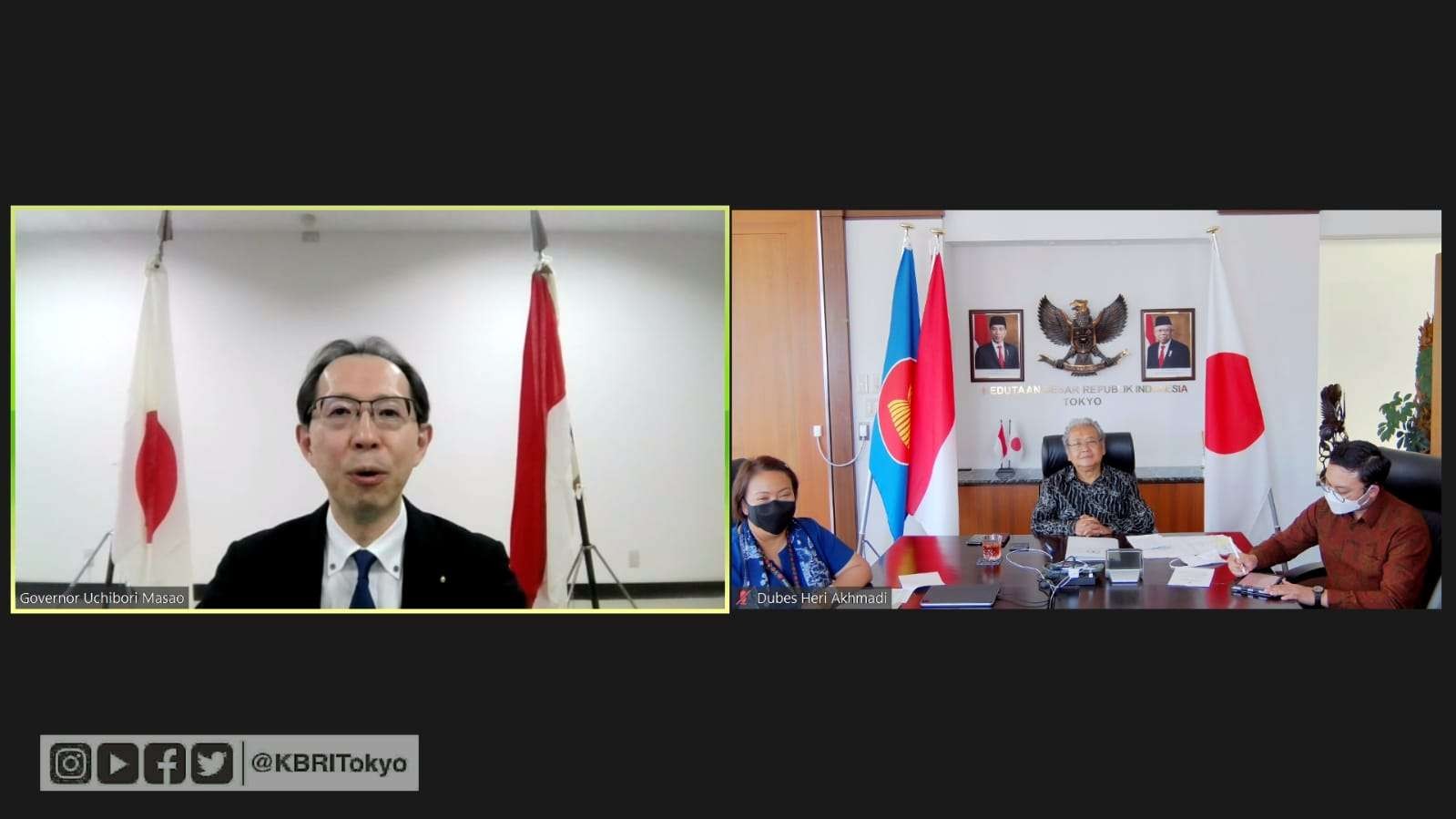 Dubes Heri bertemu Gubernur Fukushima secara virtual bahas revisi aturan importasi pangan Indonesia. (Foto: Dokumentasi KBRI Tokyo)