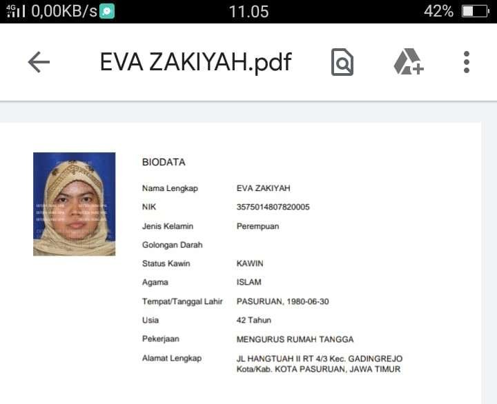 Identitas Evi Zakiyah, 42 tahun, hasil identifikasi dari Polres Probolinggo. (Foto: Istimewa)