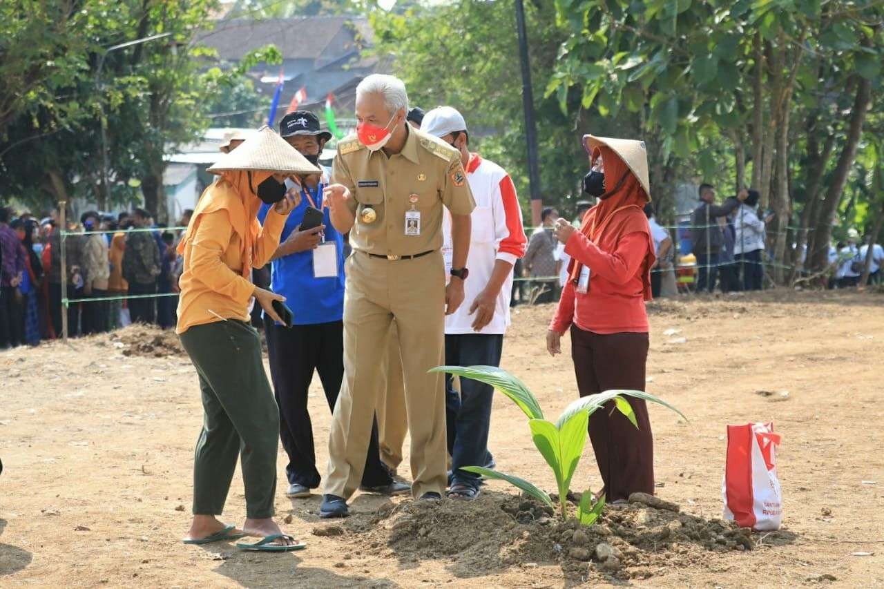 Gubernur Jawa Tengah Ganjar Pranowo bersama petani menanam kelapa genjah. (Foto: istimewa)