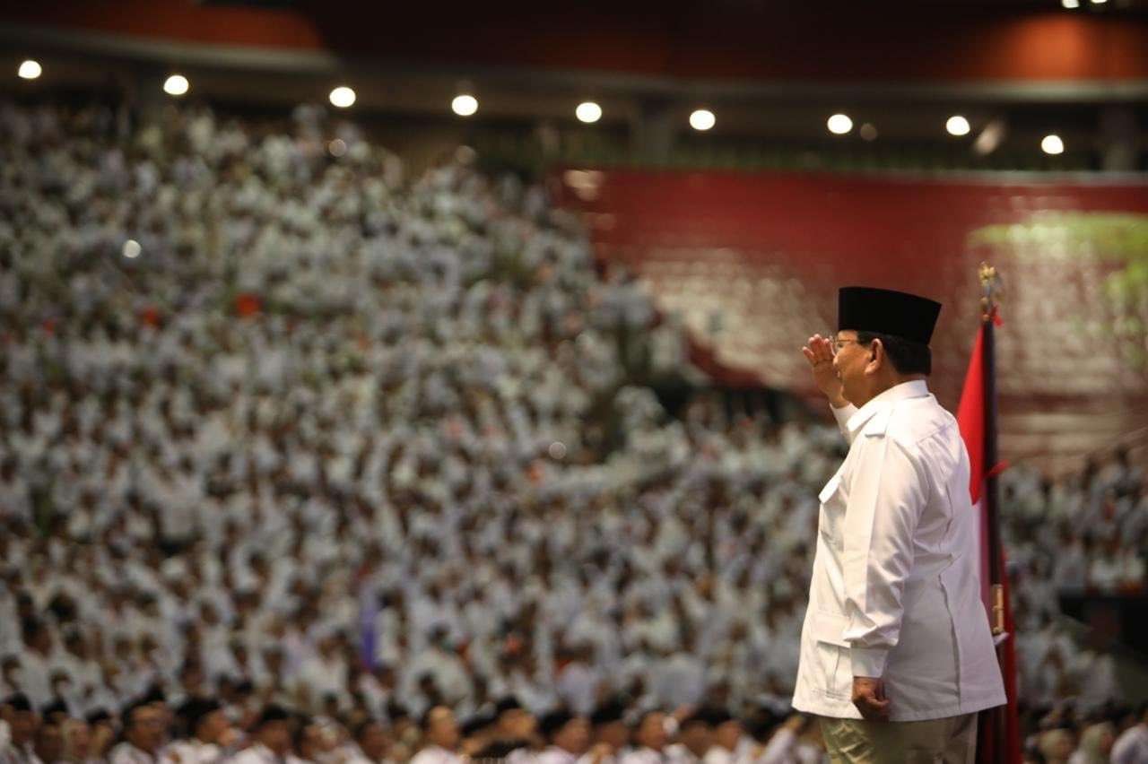 Ketua Umum Partai Gerindra, yang masih menjabat sebagai Menteri Pertahanan (Menhan), Prabowo Subianto deklarasi Capres 2024 di hadapan kader, pada Jumat 12 Agustus 2022. (Foto: Twitter @PartaiGerindra)