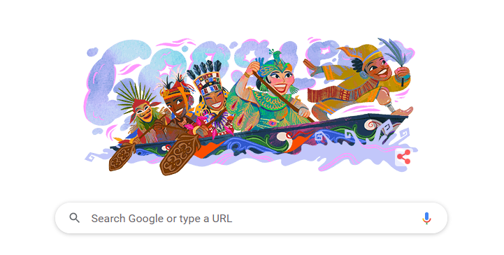 Kolom pencarian Google dihiasi lukisan balap perahu atau pacu perahu karya seniman asal Bandung, Wastana Haikal. (Foto: Tangkapan layar Google)