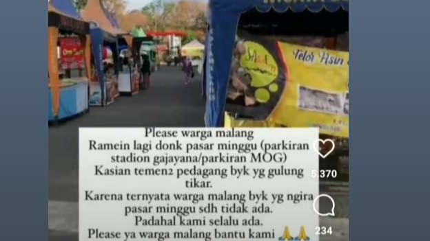 Tangkapan layar postingan Instagram terkait sepinya Wisata Belanja Tugu, Kota Malang (Foto: Instagram:@infomalangraya)