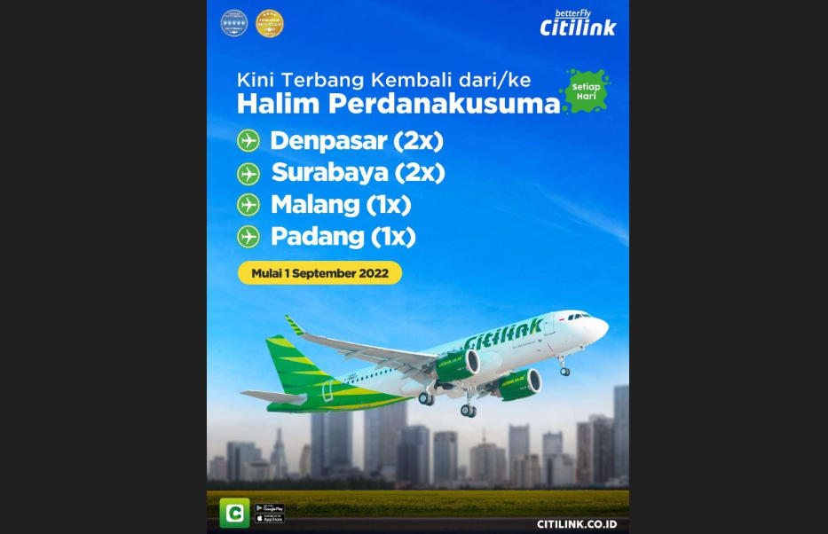 Maskapai Citilink terbang kembali dari/ke Bandara Halim Perdanakusuma mulai Kamis, 1 September 2022. (Foto: Instagram)