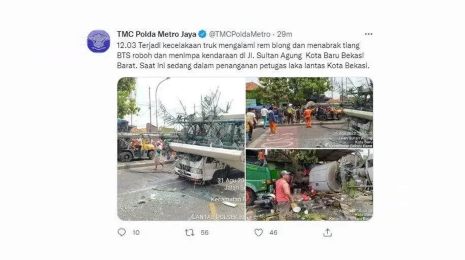 Kecelakaan truk tronton di Jalan Sultan Agung, Bekasi, Rabu, 31 Agustus 2022 .(Foto: Polda Metro)