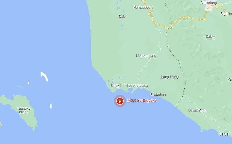 Gempa bumi berkekuatan magnitudo (M) 5 mengguncang wilayah Aceh Singkil, Jumat 2 September 2022. (Foto: BMKG)