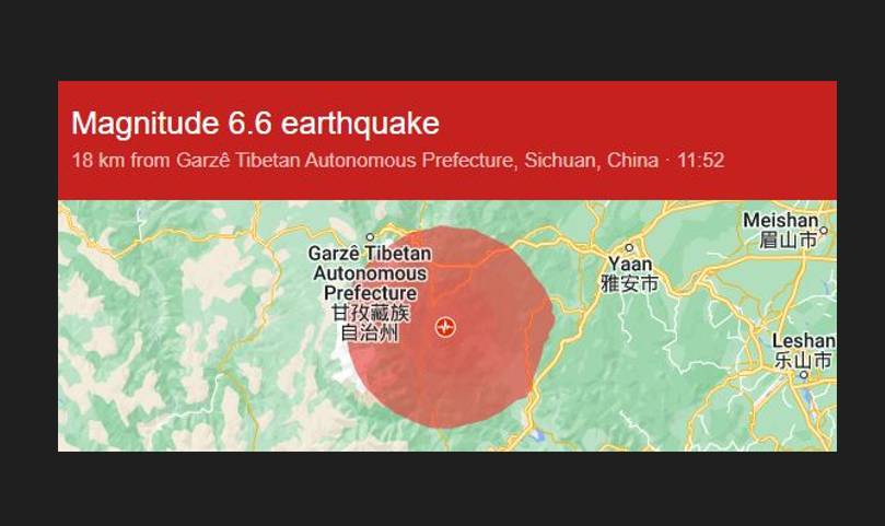 Gempa magnitudo 6,6 mengguncang wilayah Provinsi Sichuan, China barat daya, Senin 5 September 2022. (Foto: Google)
