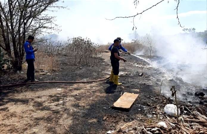 Petugas Damkar Situbondo melakukan pembasahan bangunan kandang ayam potong yang ludes rata dengan tanah dilalap api.(Foto:BPBD Situbondo)