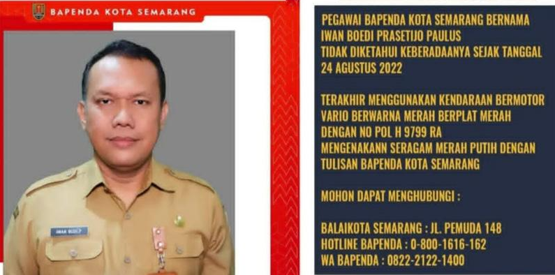 Iwan Boedi Prasetjo Paulus PNS Bapenda Kota Semarang dikabarkan hilang sejak 24 Agustus 2022 sampai sekarang. (Foto: Twitter @bapenda_smg)