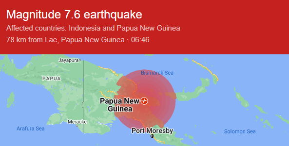 Gempa magnitudo (M) 7,6 mengguncang Papua Nugini (PNG), hanya selisih beberapa menit dari gempa Mentawai, Sumatera Barat, Minggu 10 September 2022. (Foto: Google)