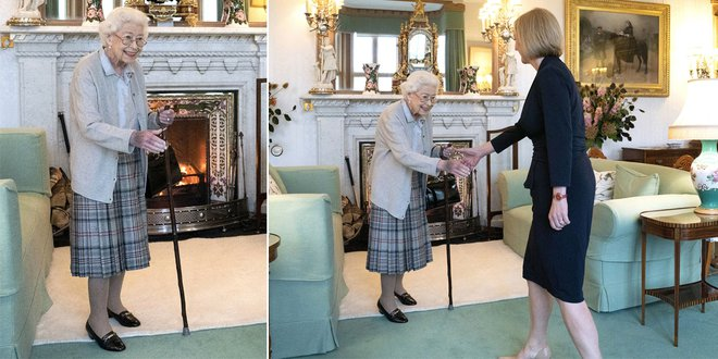 Ratu Elizabeth II akan dimakamkan pada Senin, 19 September 2022. Tubuhnya kurus dan punggung tangannya membiru dalam kesempatan pertama dan terakhir dengan Perdana Menteri Inggris, Liz Truss, Selasa 6 September lalu. (Foto: AFP)