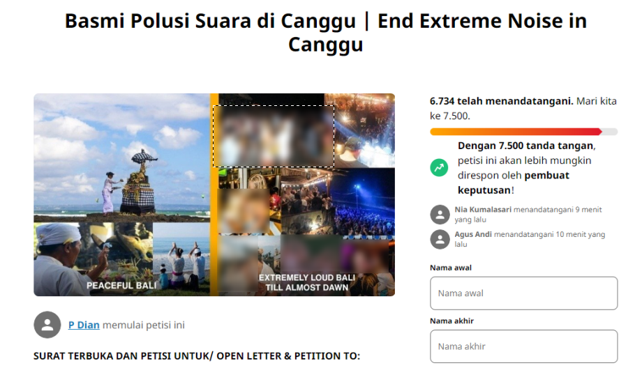 Petisi dibuat P Dian terkait keresahannya polusi udara di Canggu, Bali, akibat banyaknya klub malam. (Foto: change.org)