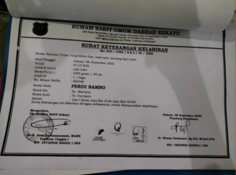 Surat keterangan kelahiran bayi bernama Perdi Sambo di Musi Banyuasin, Sumatera Selatan. (Foto; Instagram)