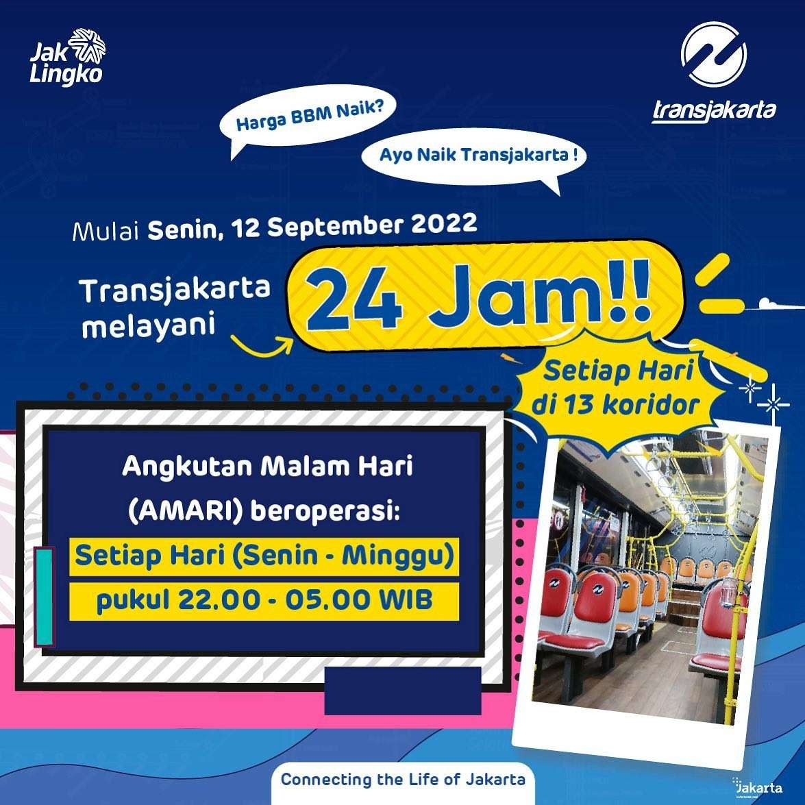 Bus TransJakarta beroperasi 24 jam mulai hari ini di 13 koridor.(Foto: Instagram @pt_transjakarta)